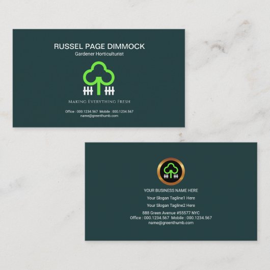 シンプルな緑の木の白人の棒杭の囲いの庭師 名刺 (正面/裏面)