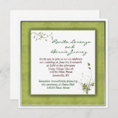 シンプルな緑の結婚式の花柄 招待状 (正面/裏面)