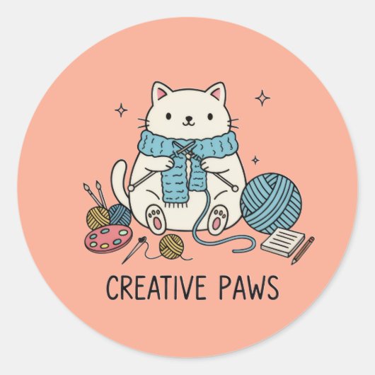シンプルな線で描かれた遊び心のある猫のスケッチ ラウンドシール (正面)