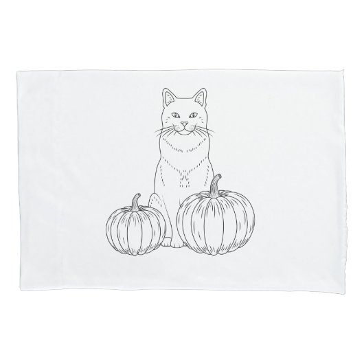 シンプルな線画のかわいい秋の猫 枕カバー (正面)