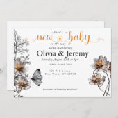 シンプルな線画のテラコッタ ポピー ベビーシャワー 招待状 (正面/裏面)