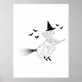 シンプルな線画のハロウィーン魔女とコウモリ ポスター
