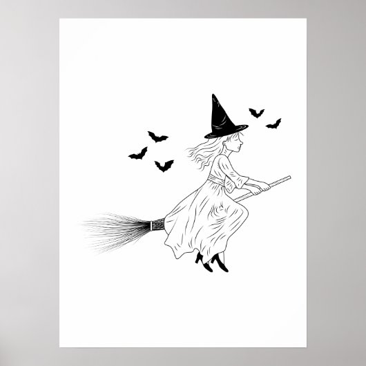 シンプルな線画のハロウィーン魔女とコウモリ ポスター (正面)