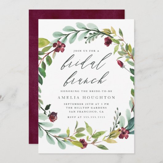 シンプルな群葉のリースの手書きの花嫁のブランチ 招待状 (正面/裏面)