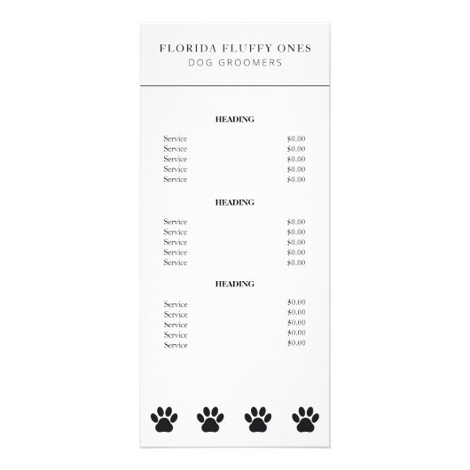シンプルな肉球プリントのドッググルーマーサービス価格リスト ラックカード (正面)