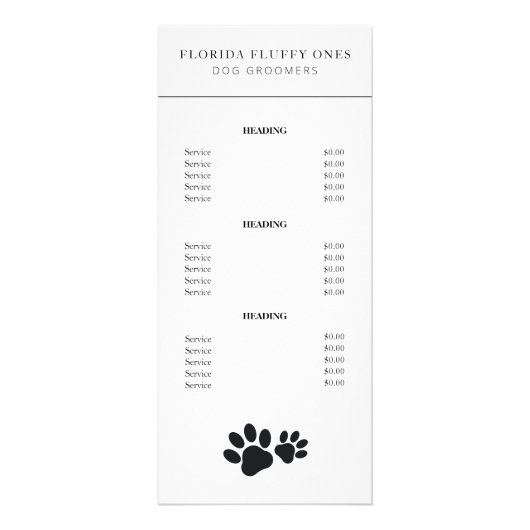 シンプルな肉球プリントのドッググルーマーサービス価格リスト ラックカード (正面)