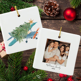 シンプルな航空機をモチーフにしたクリスマスツリーと家族写真のクリスマスオーナメント セラミックオーナメント