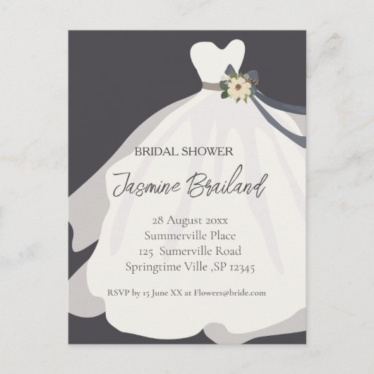 シンプルな花のウェディングドレス ブライダルシャワー ポストカード (正面)