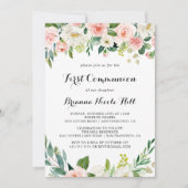 シンプルな花のグリーンカリグラフィー初聖体拝領 招待状 (正面)