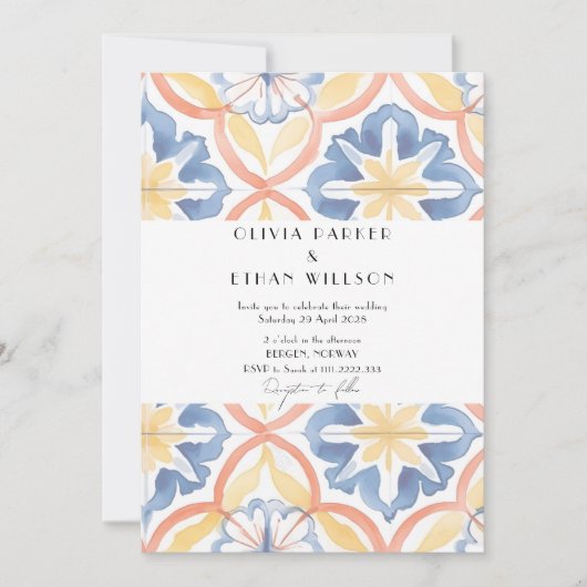 シンプルな花のサマースペインタイルのウェディング 招待状 (正面)