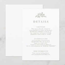 シンプルな花のデザインが特徴の、タイムレスなサージグリーンのウェディング詳細 エンクロージャーカード