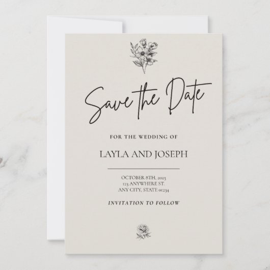 シンプルな花のデザインの「Save the Date」カード セーブザデート (正面)