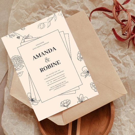 シンプルな花の手描きミニマルウェディング 招待状