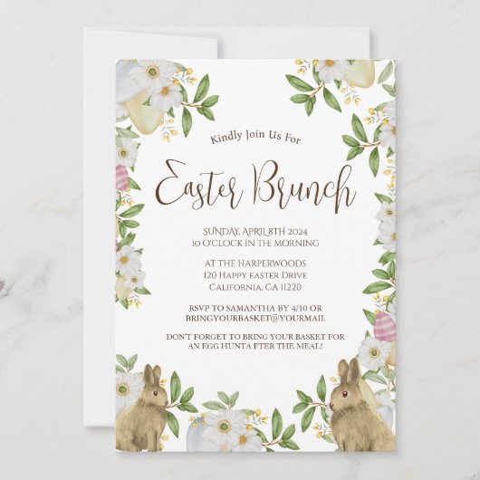 シンプルな花の水彩画イースターブランシュ卵の宝探し 招待状 (正面)