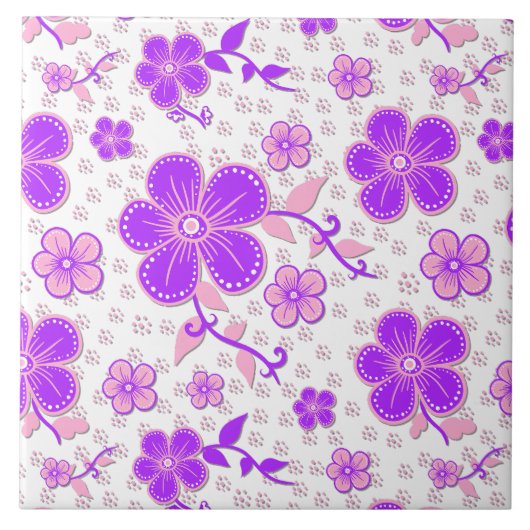 シンプルな花の水彩画印刷物 パープル ピンク タイル (正面)