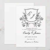 シンプルな花の紋章を使用したビクトリア調のウェディング招待状 セーブザデート (正面/裏面)