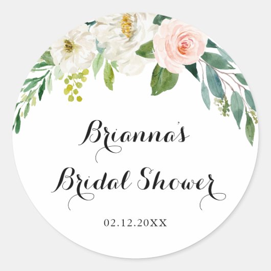 シンプルな花の緑の葉のブライダルシャワープレゼント ラウンドシール (正面)