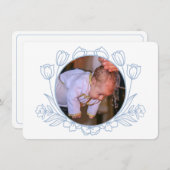 シンプルな花柄の白と青の洗礼感謝カード 招待状 (正面/裏面)