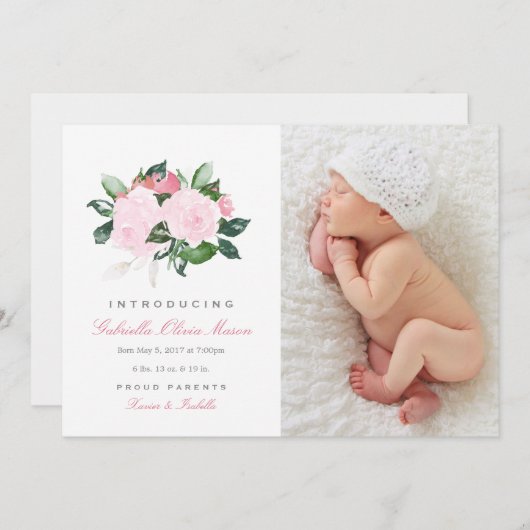 シンプルな花柄|の誕生の発表 案内状 (正面/裏面)