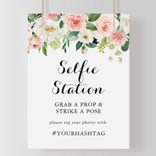シンプルな花緑の葉のセルフィーステーションサイン ポスター