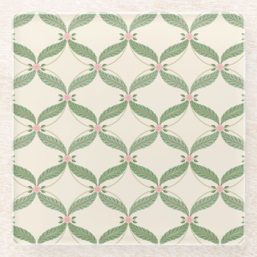 シンプルな葉と花のグリッドパターン ガラスコースター (正面)