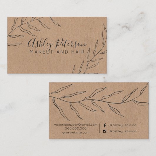 シンプルな葉の素朴なクラフトの毛の化粧のタイポグラフィ 名刺 (正面/裏面)