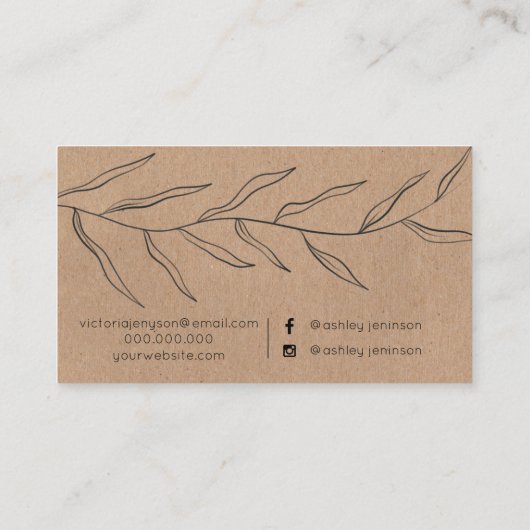 シンプルな葉の素朴なクラフトの毛の化粧のタイポグラフィ 名刺 (裏面)