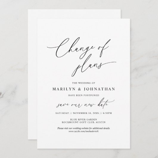 シンプルな計画変更 結婚式延期のお知らせ 招待状 (正面/裏面)