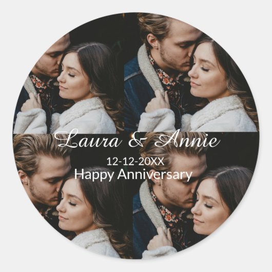 シンプルな記念日写真コラージュ名前日付 ラウンドシール (正面)