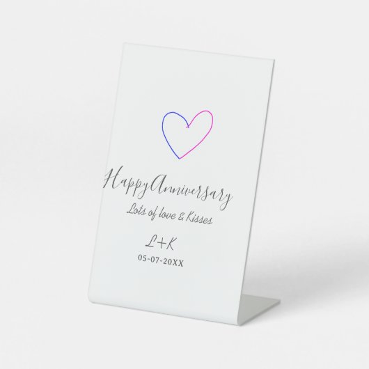 シンプルな記念日 ピンク ブルー ハート 名前 日付 台座サイン (正面)