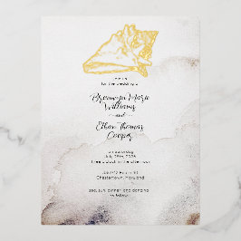 シンプルな貝殻とサンディビーチのデザイン 箔招待状ポストカード