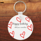 シンプルな赤いハート型のHappy Birthday＋名前入り キーホルダー (正面)