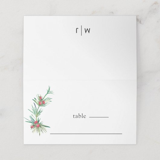 シンプルな赤い実の冬のグリーン 花の結婚式 プレイスカード (外部開封)
