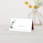 シンプルな赤い実の冬のグリーン 花の結婚式 プレイスカード (正面)