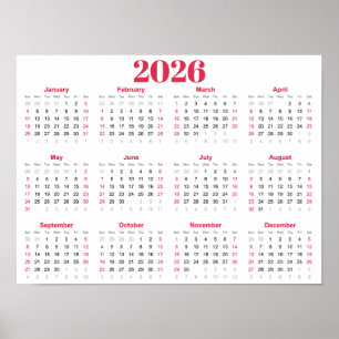 シンプルな赤と白の2026カレンダー ポスター