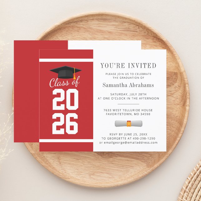 シンプルな赤と白の2026年卒業パーティー招待状 (Graduation 2025 Red White Typography Party Invitation)