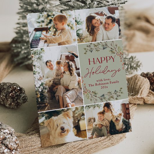 シンプルな赤と緑の5枚の写真が楽しめるハッピーホリデーカード シーズンカード