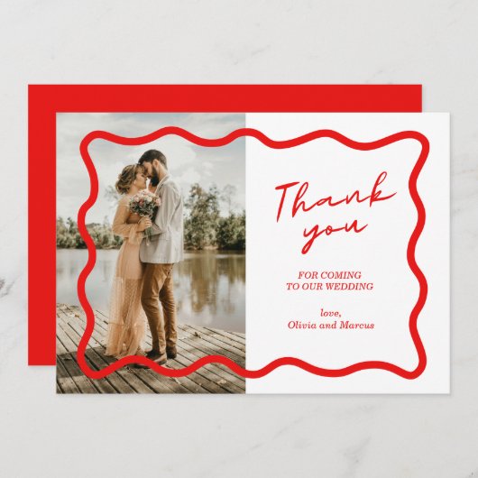 シンプルな赤のモダン結婚式お礼カード 案内状 (正面/裏面)