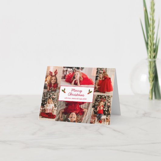 シンプルな赤の写真コラージュ モダンなクリスマス シーズンカード (正面)