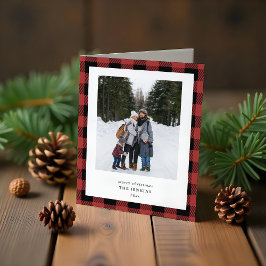 シンプルな赤黒チェックボーダー 3枚の写真のクリスマス シーズンカード