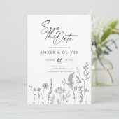 シンプルな野生の花のラインアート Save The Date 招待状 (スタンド正面)