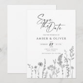 シンプルな野生の花のラインアート Save The Date 招待状 (正面/裏面)
