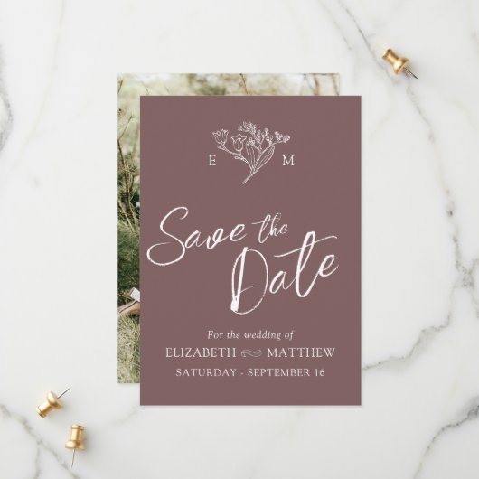 シンプルな野生の花の茶色と白の写真 セーブザデート (正面/裏面インサイチュ)