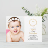 シンプルな金ゴールドのリースの洗礼の写真の招待 招待状 (スタンド正面)