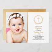 シンプルな金ゴールドのリースの洗礼の写真の招待 招待状 (正面/裏面)