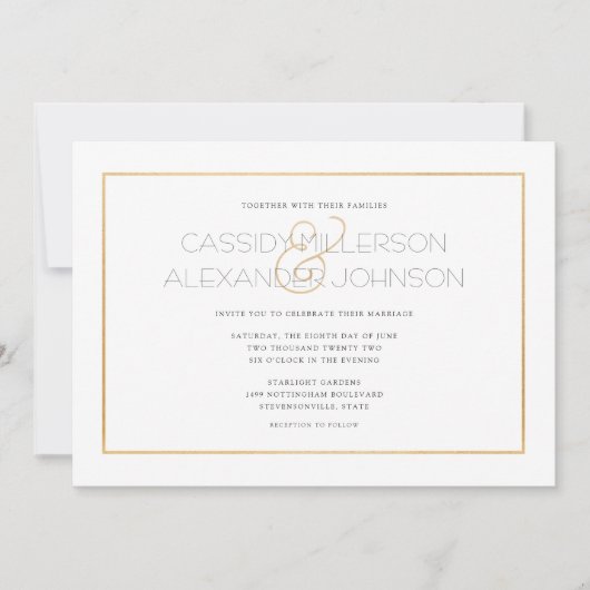 シンプルな金ゴールドフレームの結婚式招待状-きれいにして下さい 招待状 (正面)