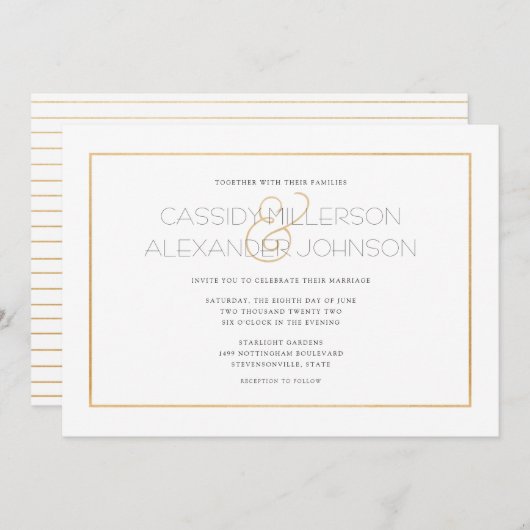 シンプルな金ゴールドフレームの結婚式招待状-きれいにして下さい 招待状 (正面/裏面)