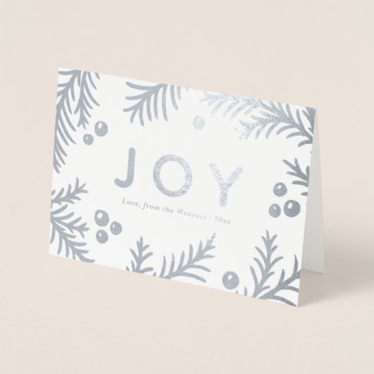 シンプルな銀製の喜びのホリデーカード|実質ホイル 箔カード (正面)