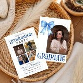 シンプルな青いリボンのデザインの卒業式フォト 招待状
