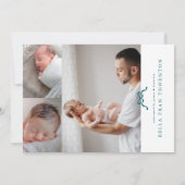 シンプルな青いリボンの写真 赤ちゃんの誕生 案内状 (裏面)